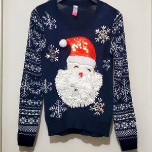Ugly Blue Christmas Sweater Smiling Santa Claus Sz Juniors M 7-9